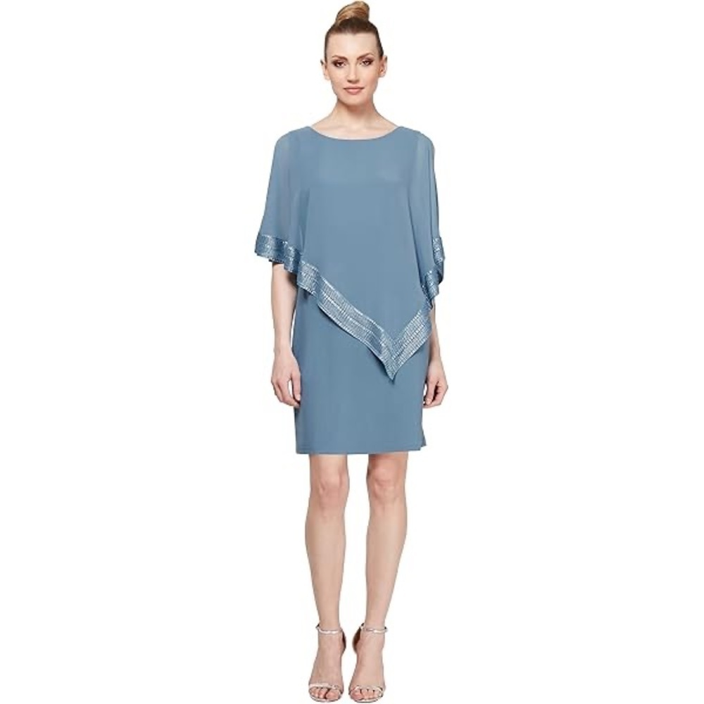 Gina Bacconi Lucy Metallic Trim Asymmetric Dress in Silver Blue MOB MOG Size 14